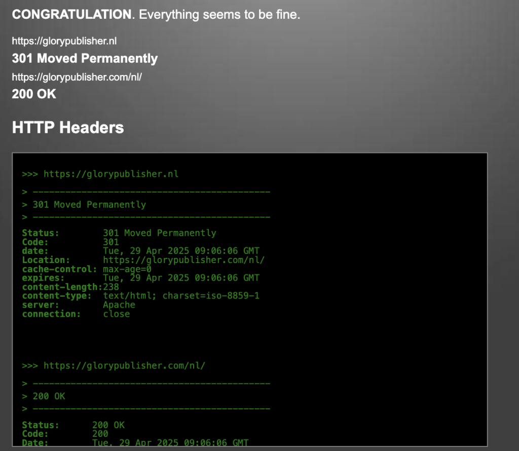 screenshot van Redirect-checker.org waarin te zien is dat Glorypublisher.nl een 301 heeft naar Glorypublisher.com