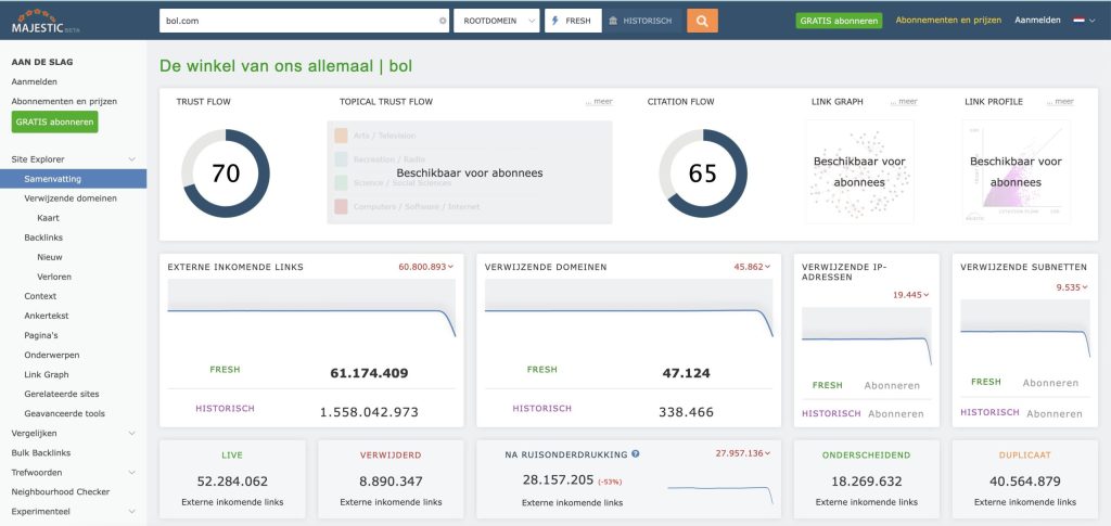 Majestic website om de Trust Flow van een website te bekijken