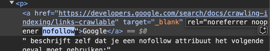 stap 3: zoek het nofollow attribuut. 
