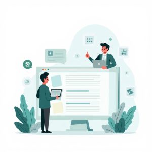 iemand die iets aan het toevoegen is aan een website en een ander persoon die zijn duim opsteekt, ter illustratie van gastbloggen.