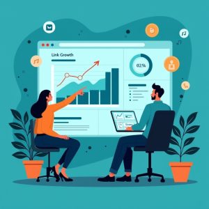 twee personen die voor een scherm zitten te kijken naar de groei in linkbuilding.
