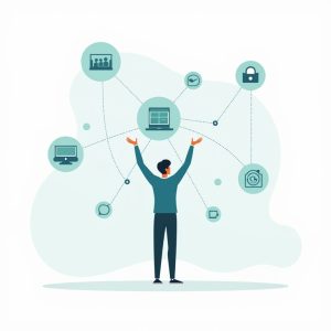 een man die voor een netwerk staat van allemaal verschillende soorten onderwerpen ter illustratie van websites die naar elkaar linken
