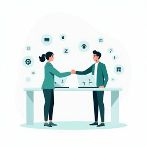 twee mensen met een laptop die elkaar de hand schudden ter illustratie van samenwerken met andere websites