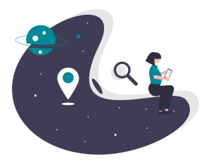 persoon met die op haar mobiel aan het kijken is met een wereld en een locatie icoontje ter illustratie van lokalisatie