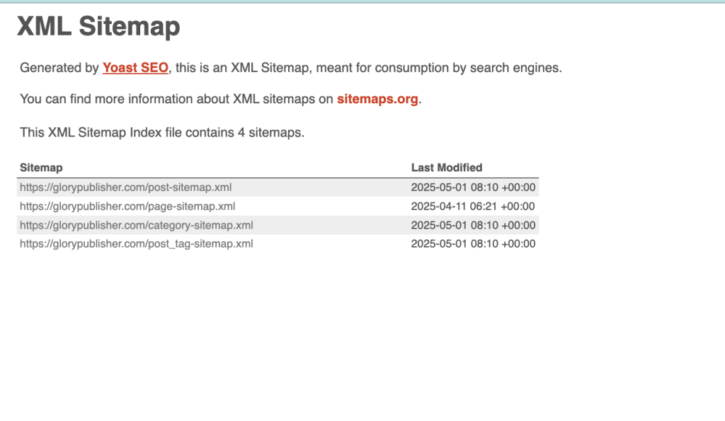 screenshot van een XML sitemap gemaakt door Yoast SEO met hierin een overzicht van alle typen pagina's