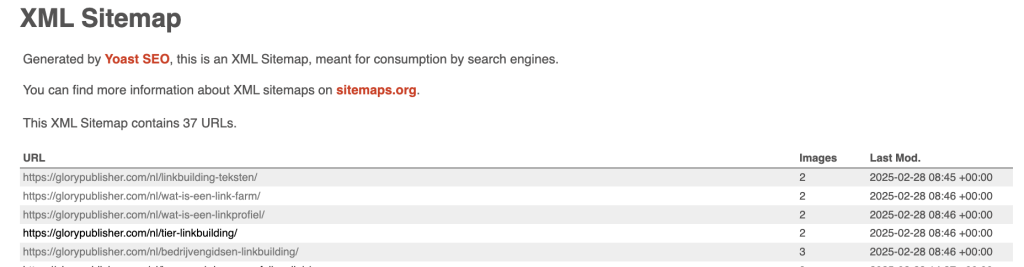 screenshot 2 van een XML sitemap gemaakt door Yoast SEO met hierin een aantal posts