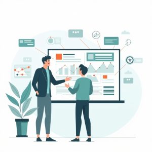 twee mensen die druk aan het praten zijn over de verwijzingen naar een website en hiervan de resultaten aan het bekijken zijn ter illustratie van een linkbuilding pakket
