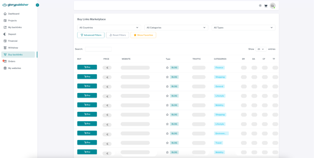 Screenshot linkbuilding platform Gloryvoor voor Media backlinks