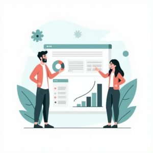 Twee mensen bekijken een groot scherm met linkbuilding statistieken en filters.