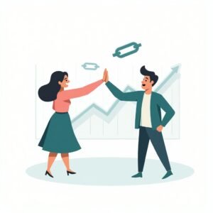 Twee mensen vieren succes met een high five voor een grafiek met backlinks.
