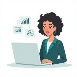 Illustratie van een vrouw die linkbuilding analyseert op een laptop met SEO-data.