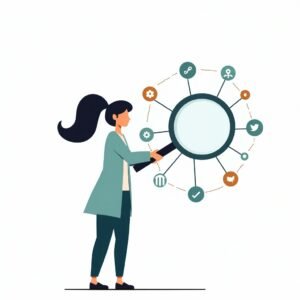 Illustratie van een vrouw die met een vergrootglas een netwerk van backlinks bekijkt.