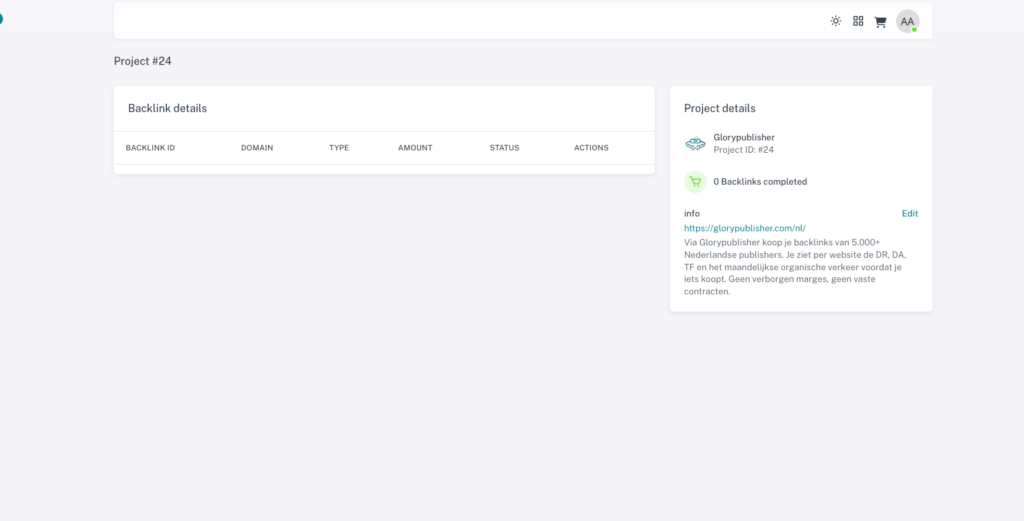 projecten aanmaken binnen ons platform Glorypublisher screenshot
