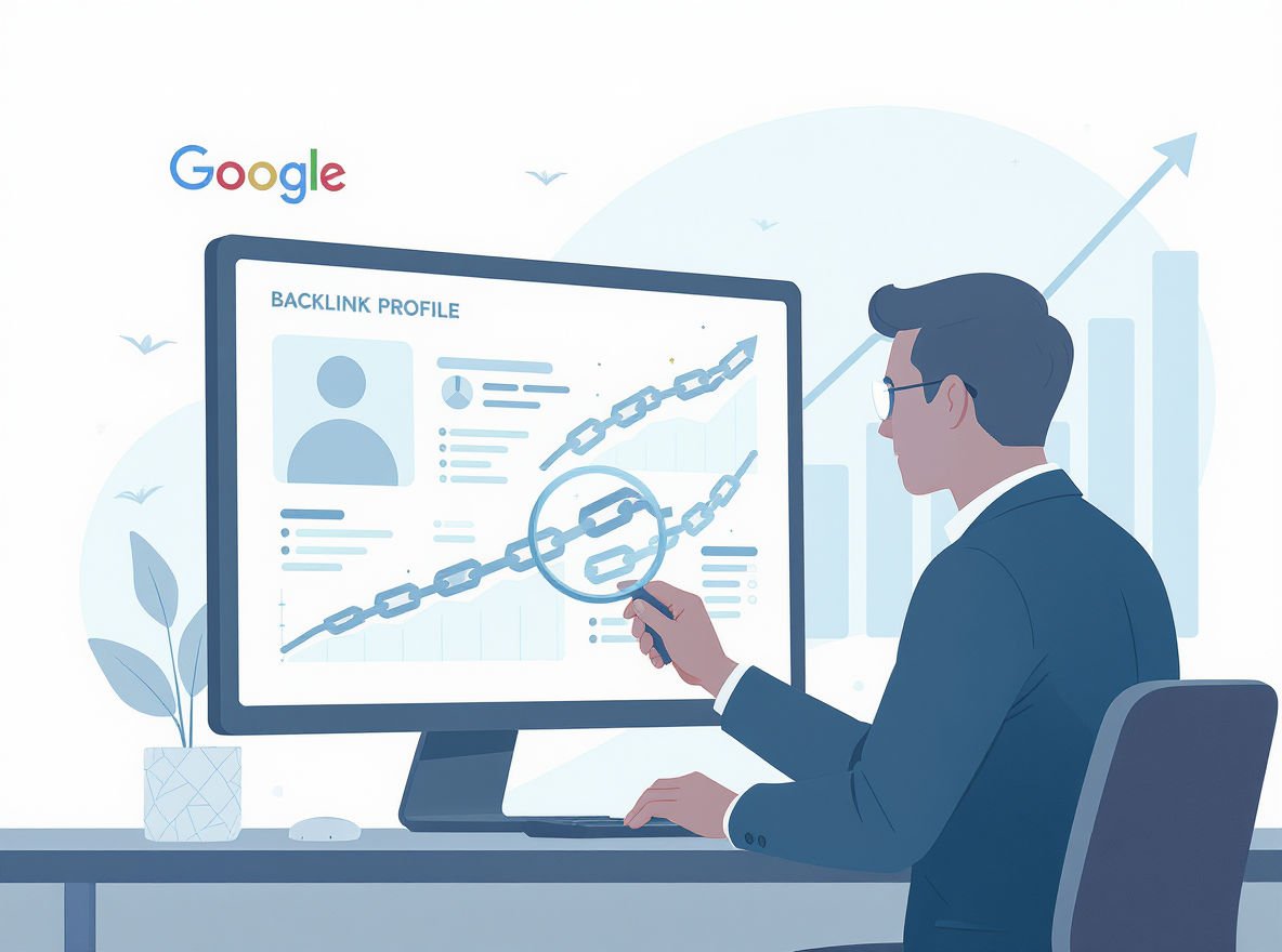 Linkbuilding specialist analyseert een backlinkprofiel op een monitor met SEO-metrics