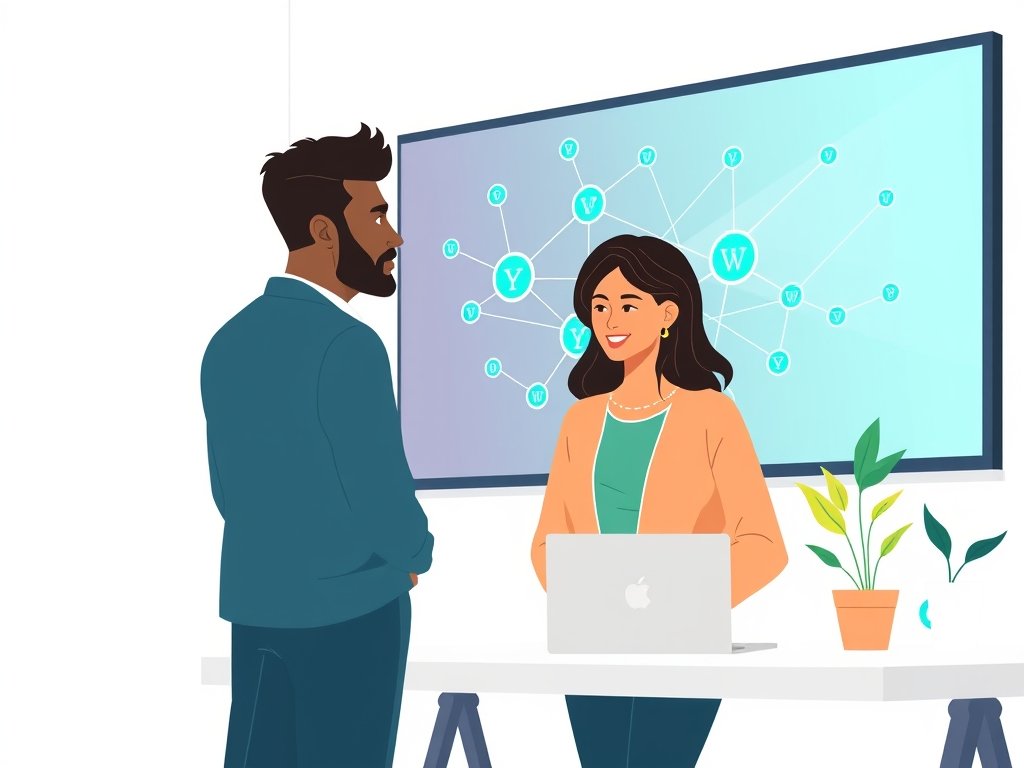 Diverse man en vrouw in een lichte coworkingruimte bekijken een groot scherm met een backlink-netwerk, yogamat en planten op tafel.