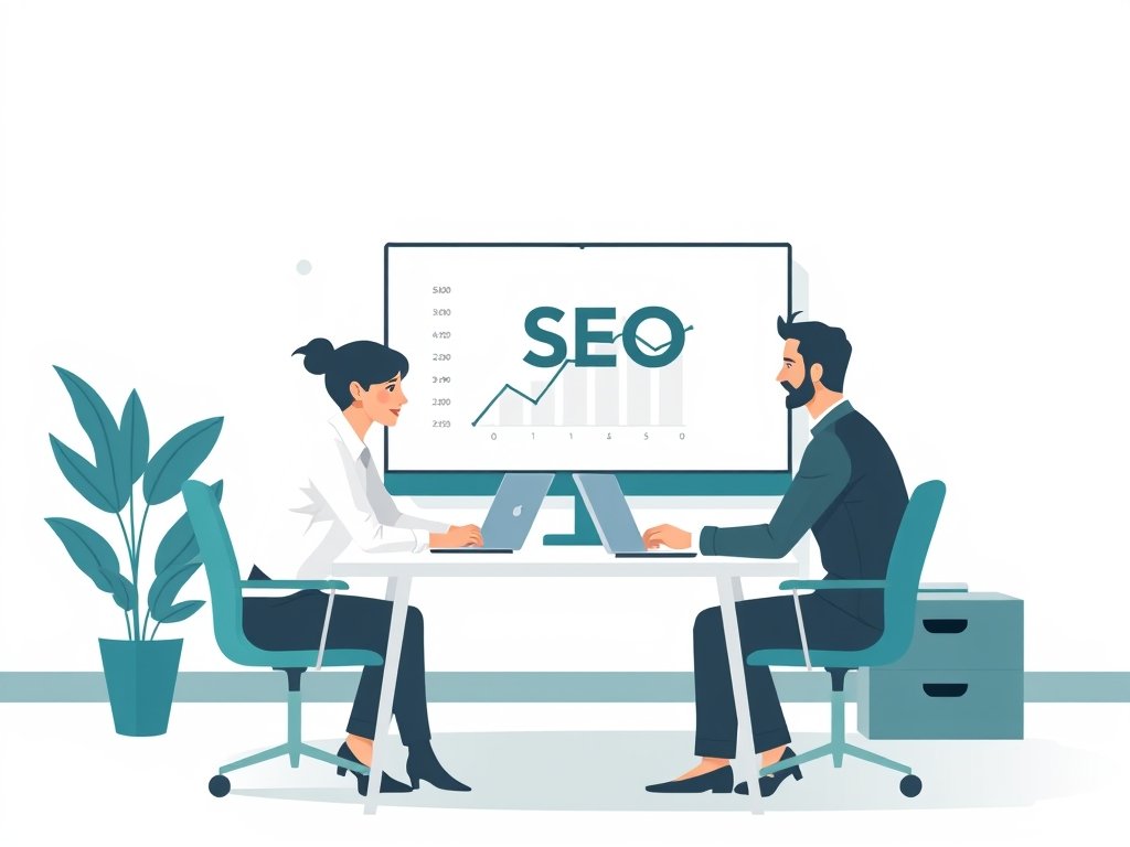 Twee professionals bespreken een linkbuilding strategie tijdens een overleg