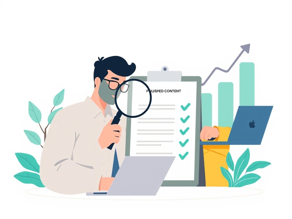 Medewerkers evalueren contentkwaliteit; checklist en grafiek op tafel, teal accenten.