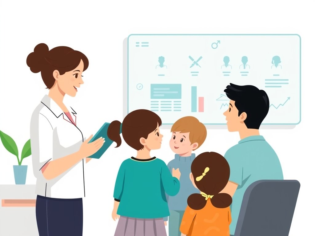 Vrouwelijke kinderopvangdirecteur toont tablet met grafieken aan een ouder in een moderne, lichte kantoorruimte.