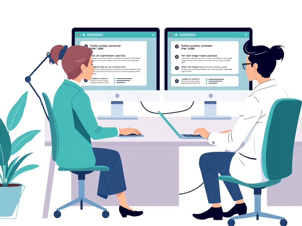 Twee modeprofessionals bij een bureau met twee schermen die hoogwaardige backlinks vergelijken; één scherm toont sterke verbindingen, het andere veel zwakkere verbindingen, teal accenten, witte achtergrond