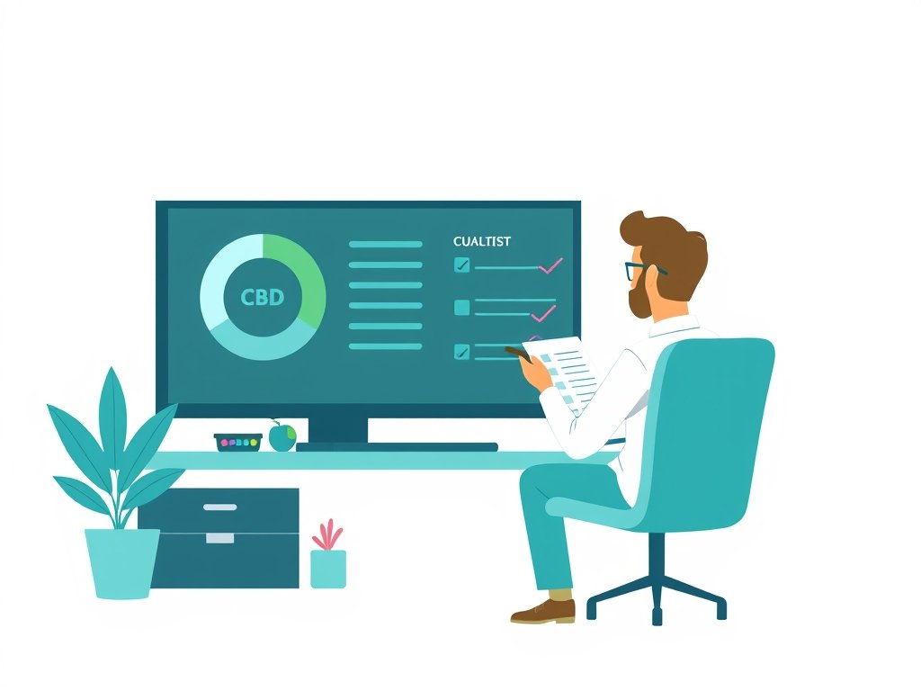 Een expert bekijkt een kwaliteitsscore en checklist aan een bureau met CBD-context, witte achtergrond.