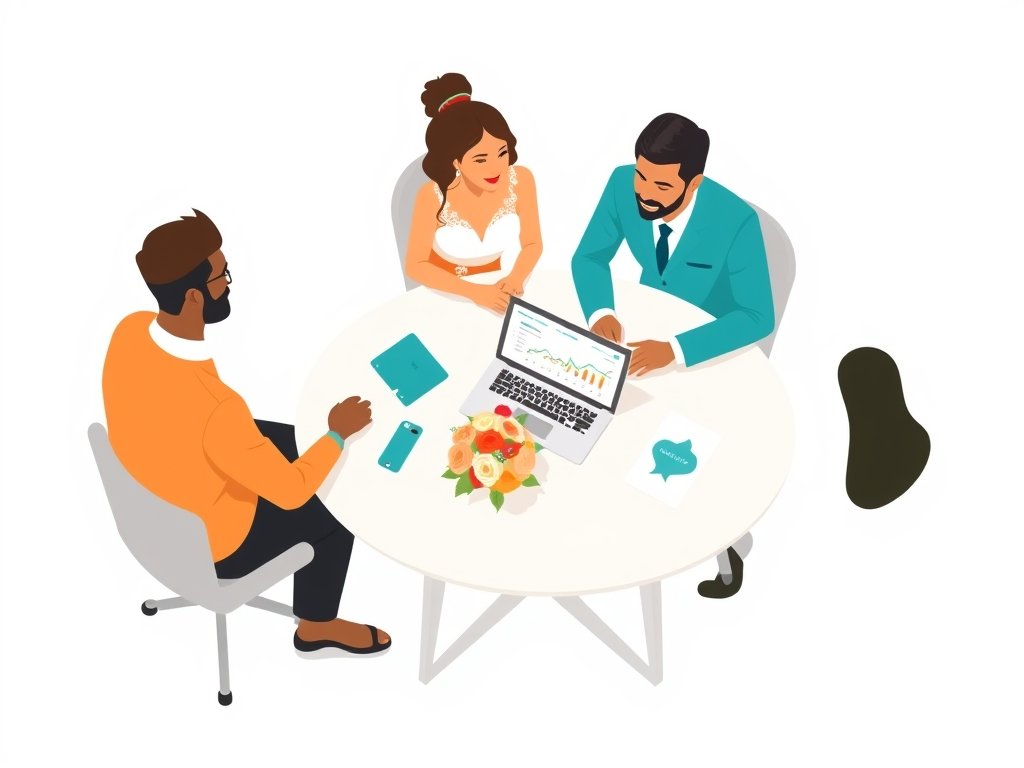 Koppel en planner aan tafel met laptop en bruiloftsdecoraties in een moderne kantoorsetting