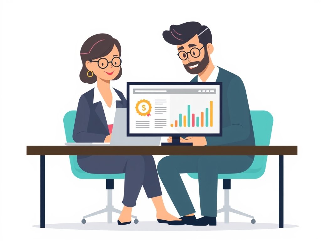 HR-analist en collega evalueren backlinkkwaliteit tegenover hoeveelheid met een dashboard en kwaliteitsbadge