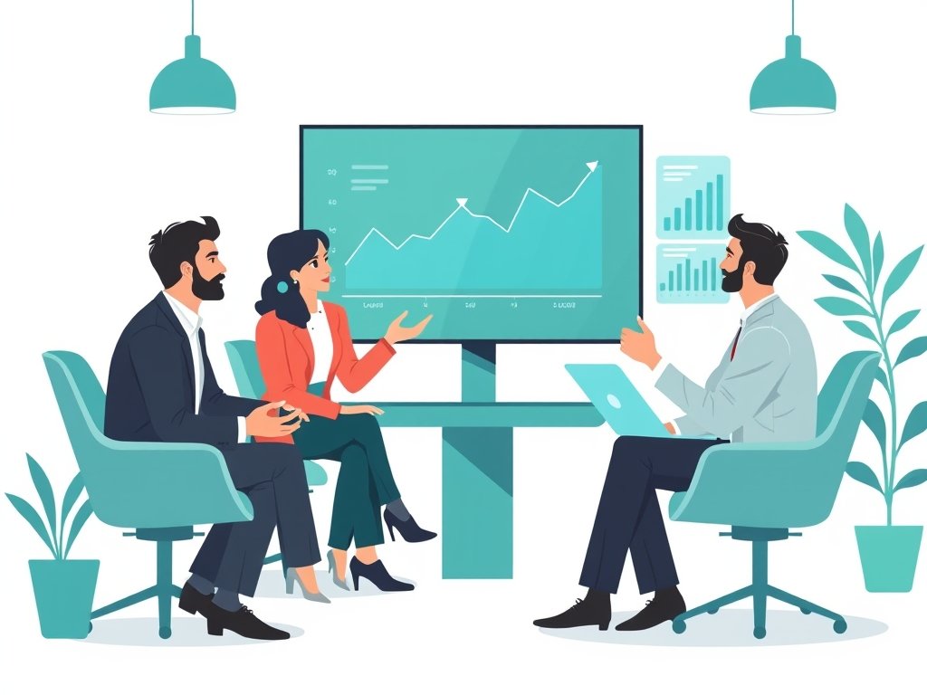 Twee makelaars analyseren data op een groot touchscreen en bespreken grafieken, teal accenten.