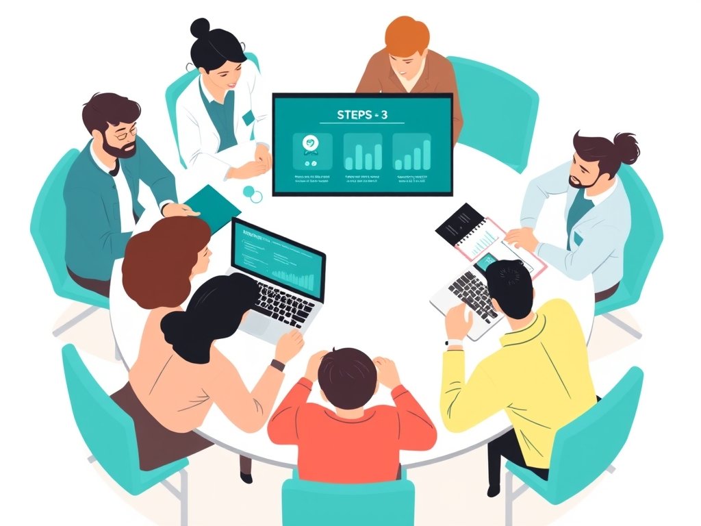 Diverse teamleden stemmen stap-voor-stap SEO-backlinkstrategie af rond een tafel, met een digitaal bord en analyse op een scherm.