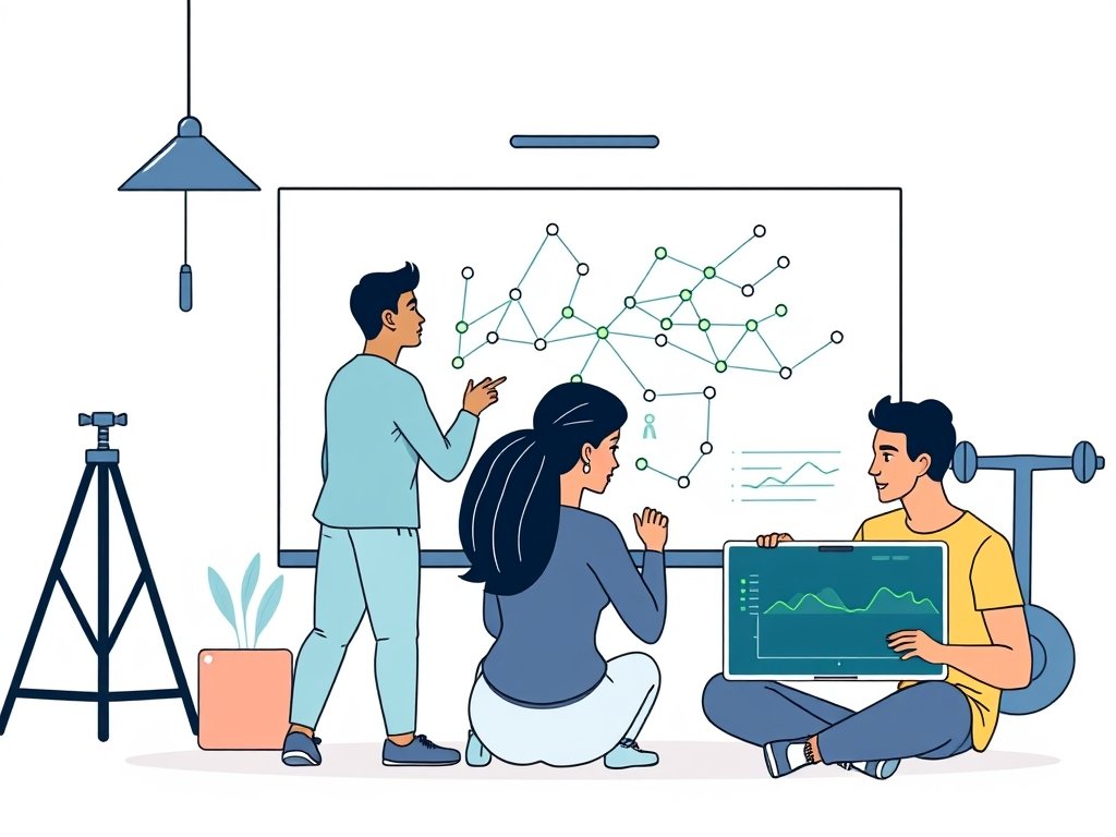 Twee personen voor een whiteboard met een backlink-netwerk, fitness-iconen in de achtergrond.