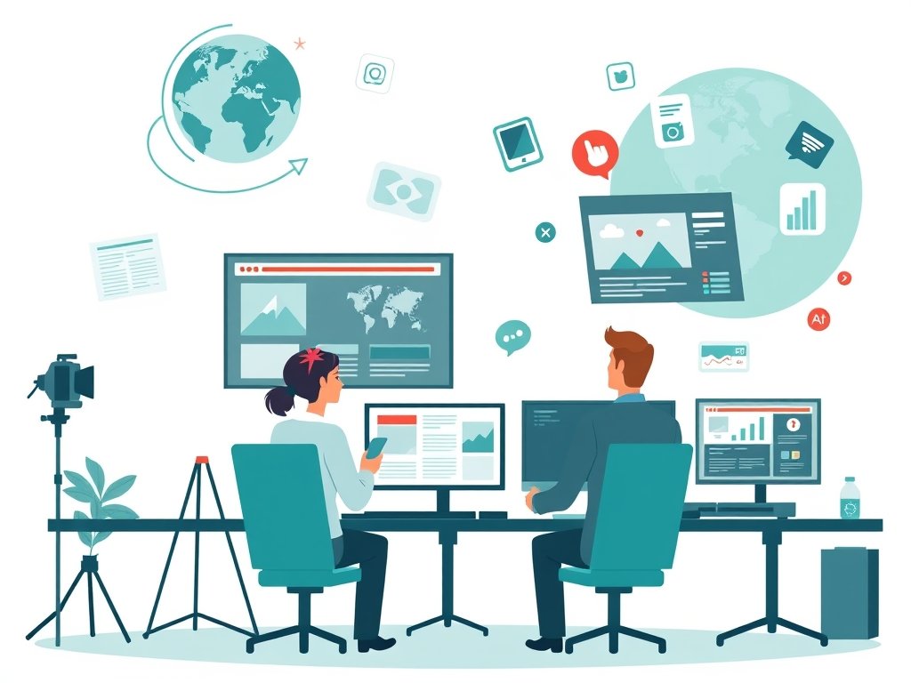 Illustratie van mediaprofessionals in newsroom met schermen vol nieuws en online zichtbaarheid.