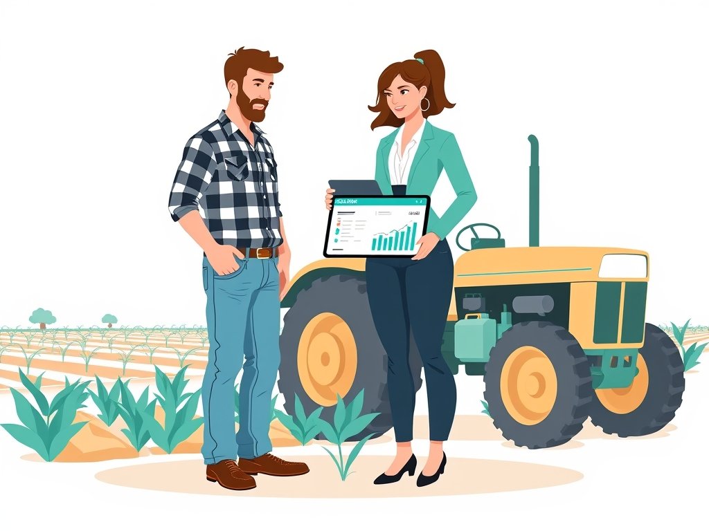 Twee personen op een boerderij bekijken een tablet met een backlinks-dashboard, tractor op de achtergrond.