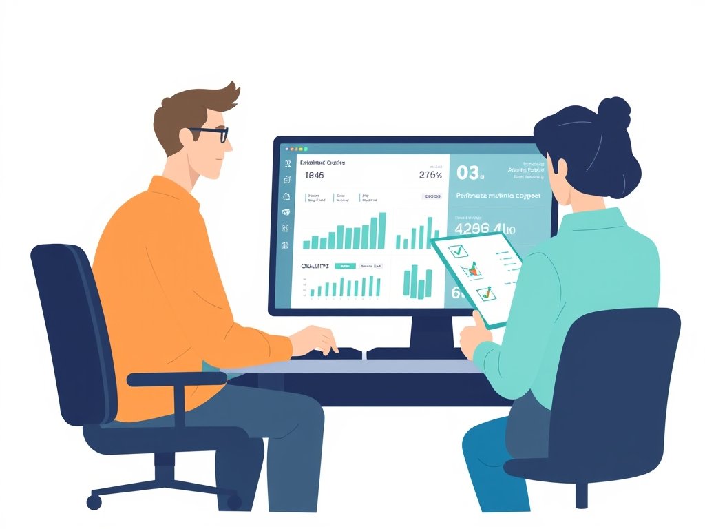Persoon bekijkt een dashboard met kwaliteits- en ROI-indicatoren, collega controleert een checklist.