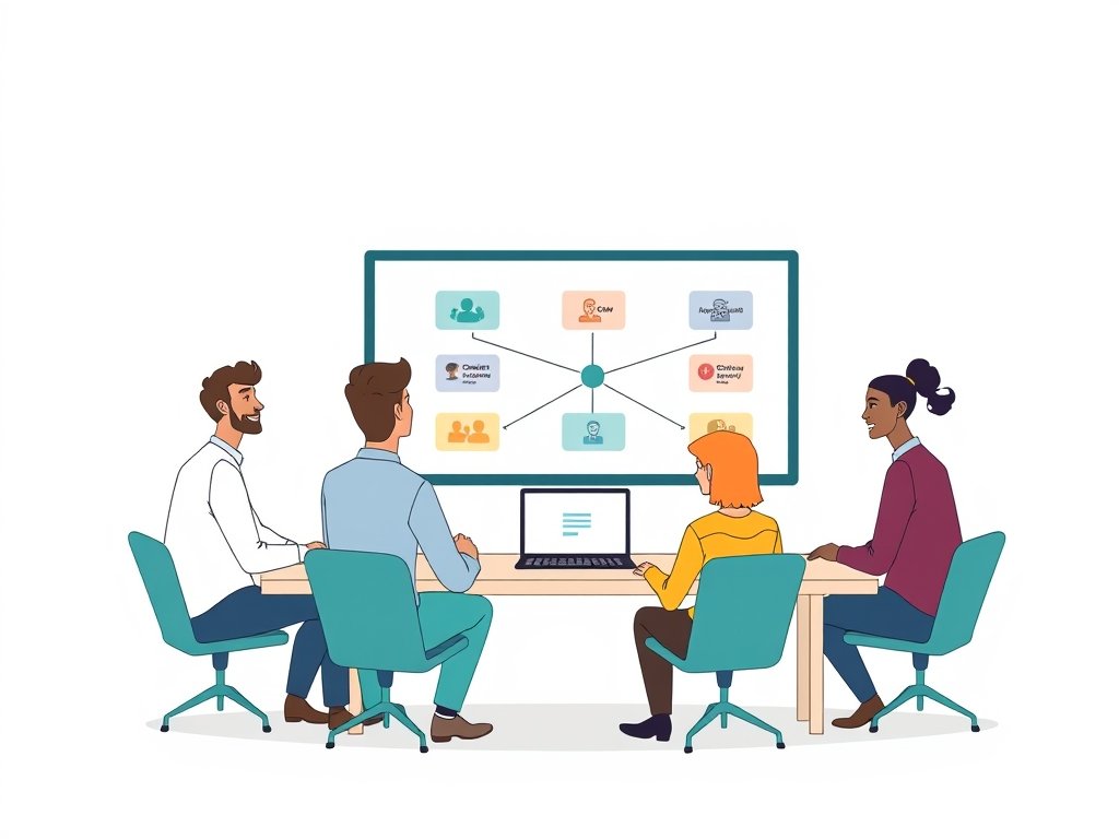 Diverse deelnemers werken aan een laptop terwijl een dashboard backlinks-diagrammen toont met teal accenten.