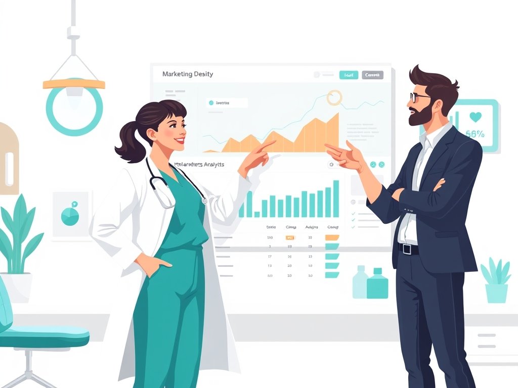 Tandarts en analist in een moderne kliniek bekijken een digitaal dashboard met stijgende grafieken en schakelsymbolen.