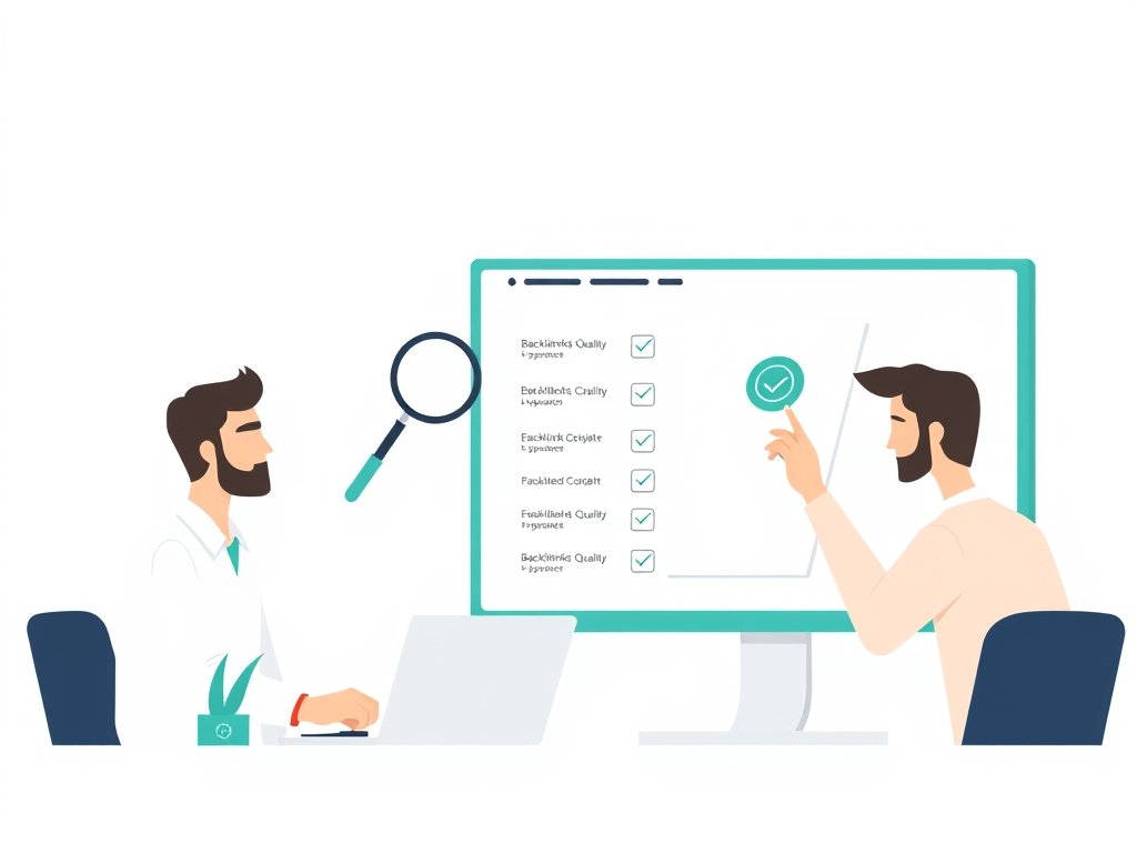Collega's beoordelen backlink-kwaliteit met vergrootglas bij een laptop, teal accenten.
