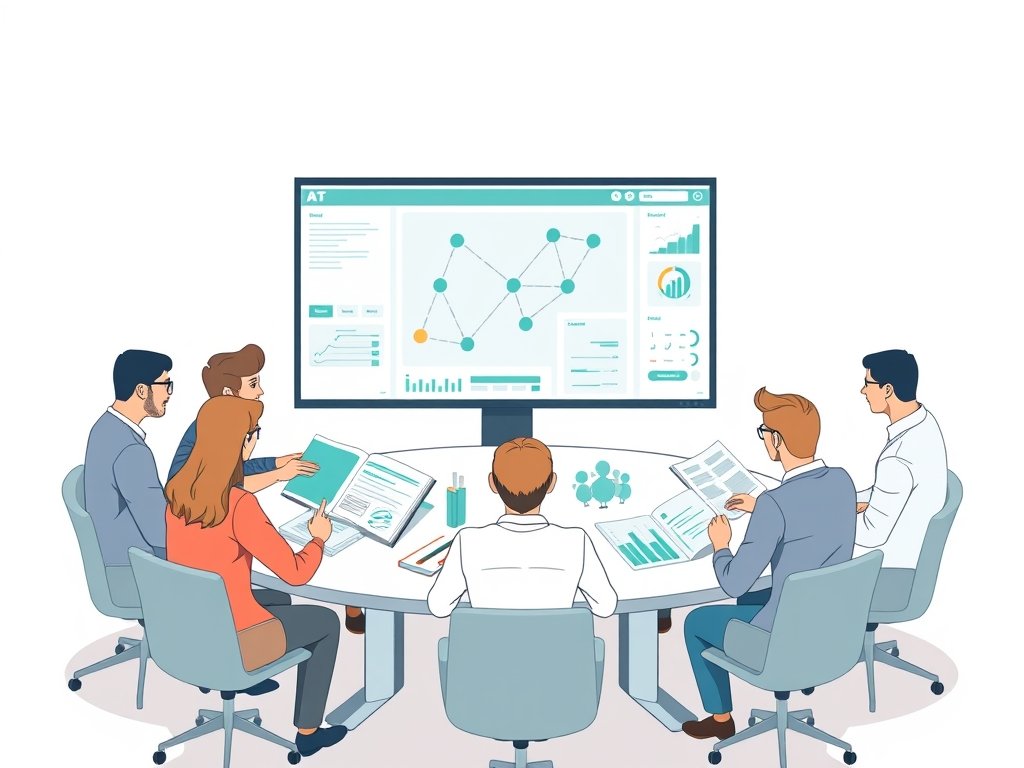 Divers team rondom tafel bekijkt drukwerk brochures terwijl monitor een backlink-netwerk laat zien