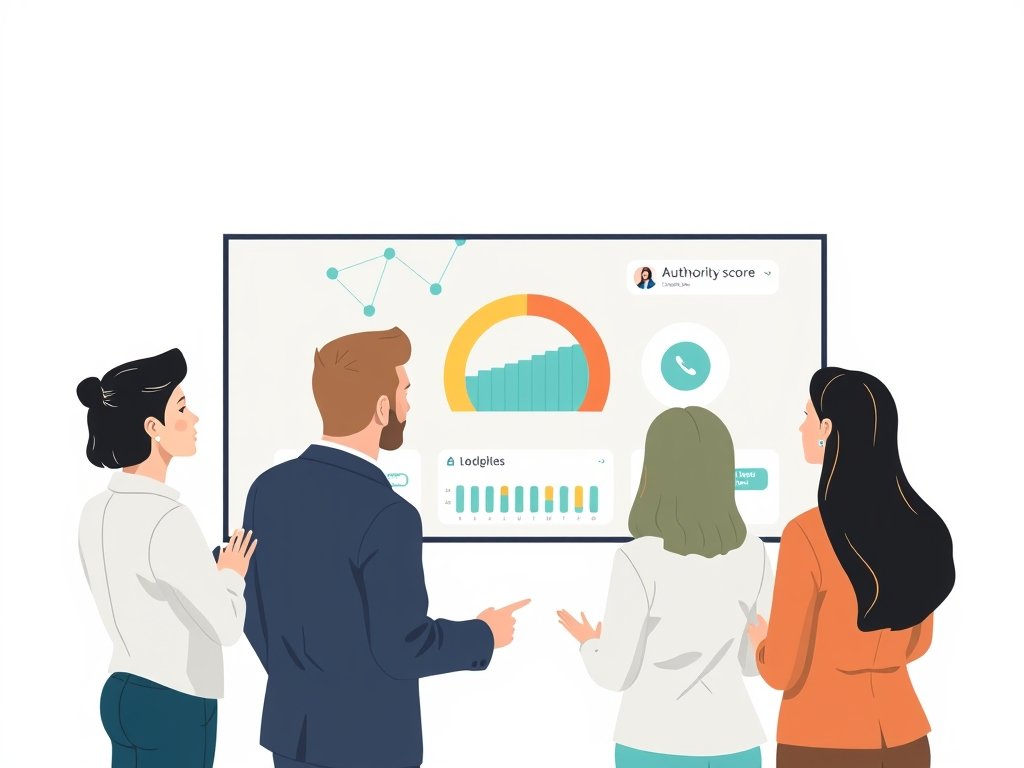 Professionals bekijken interface met netwerkkoppelingen en stijgende autoriteitsscore.