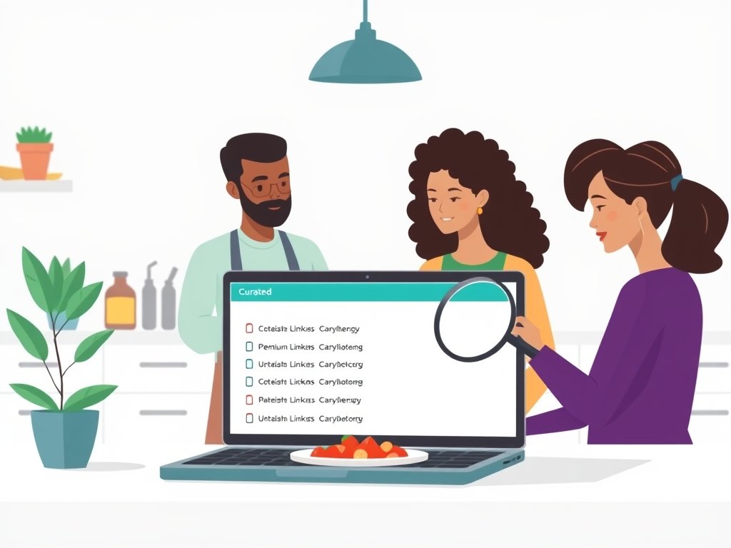 Diverse team rondom een laptop die een beperkt aantal hoogwaardige backlinks toont, met premium ingrediënten op tafel