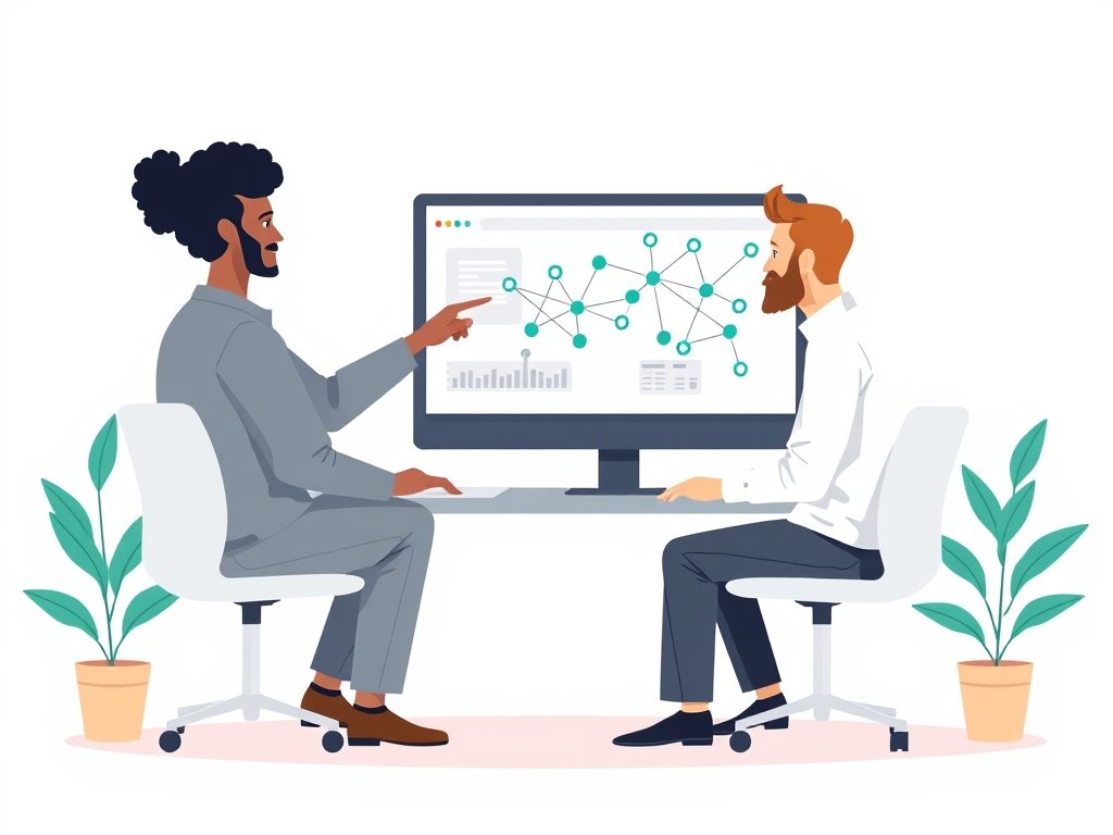 Divers team van een psycholoog en een SEO-specialist buigt over een computerscherm met een backlink-netwerk in een strak kantoor.
