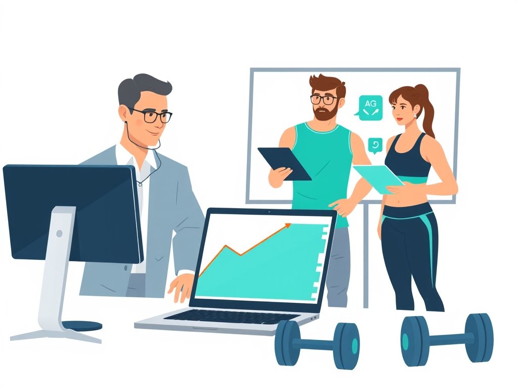 Een professional bij een laptop met een stijgende grafiek, twee collega's in sportkleding bespreken; fitnessapparatuur op de achtergrond.