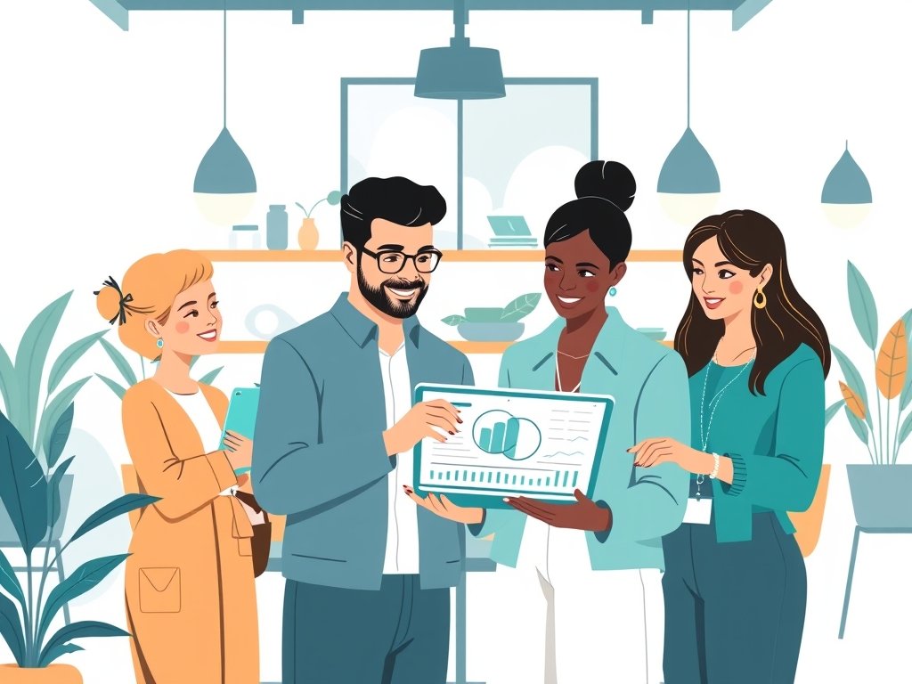 Diverse professionals bekijken backlink-statistieken op een tablet in een strak lifestyle-kantoor, omringd door planten en lifestyle-producten