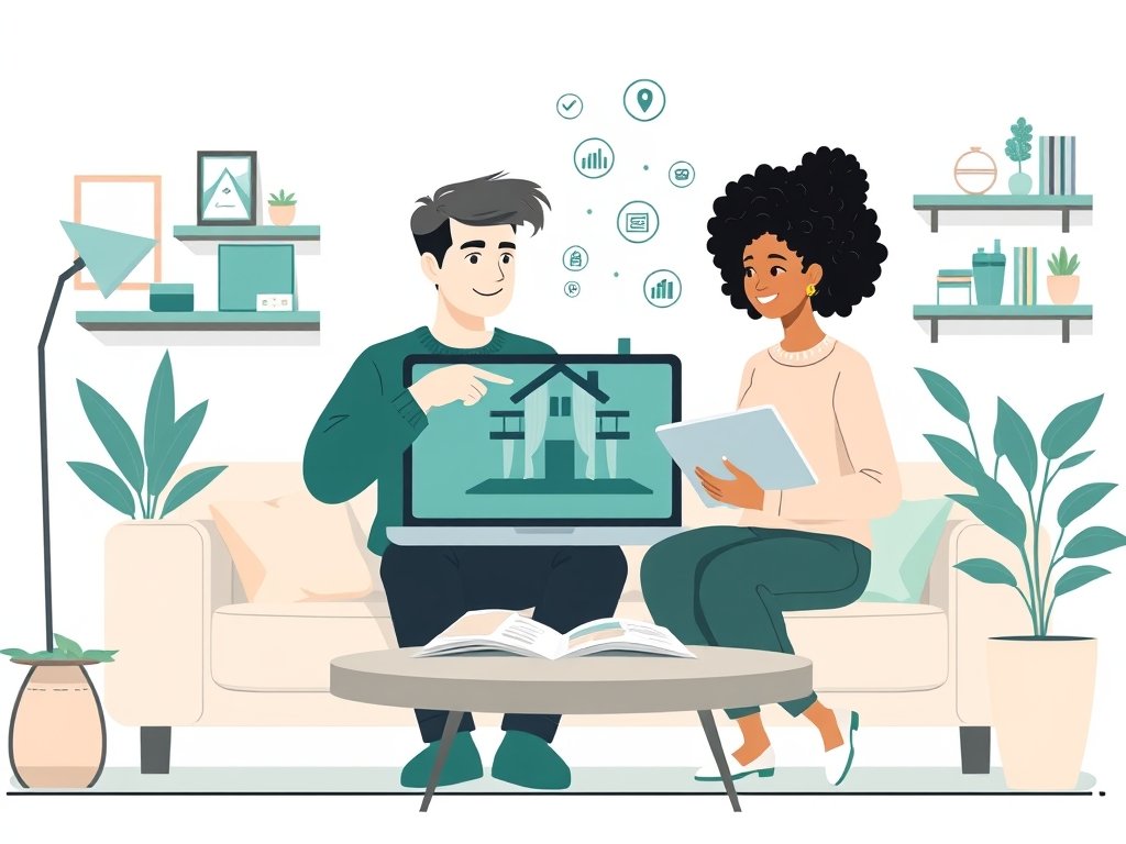 Twee mensen in moderne woonkamer bespreken een laptop met woonwebsite en linkiconen in flat illustratiestijl.