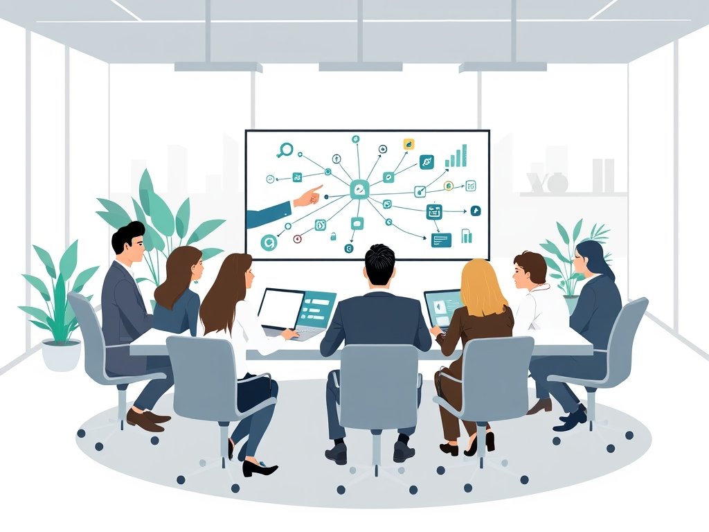 Zakelijke professionals bespreken een linkbuildingstrategie rond een groot scherm met verbonden websites en links.