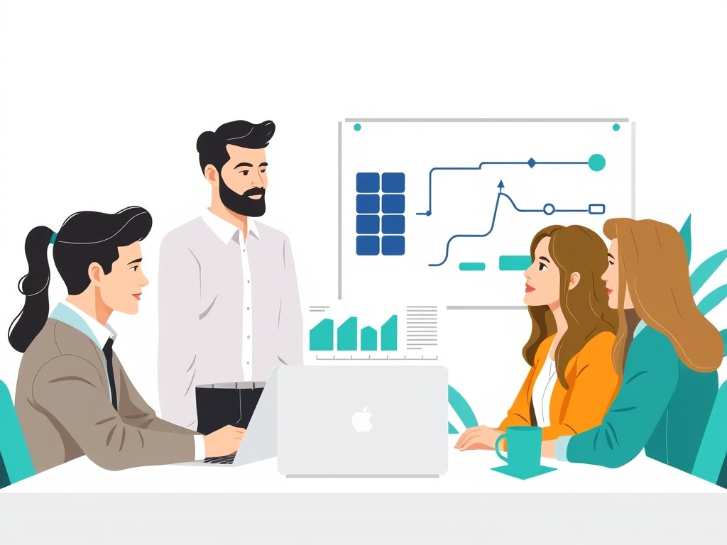Diverse professionals in een kantoor bekijken een laptop met backlinks grafiek en een whiteboard met een zonnepaneel-diagram.