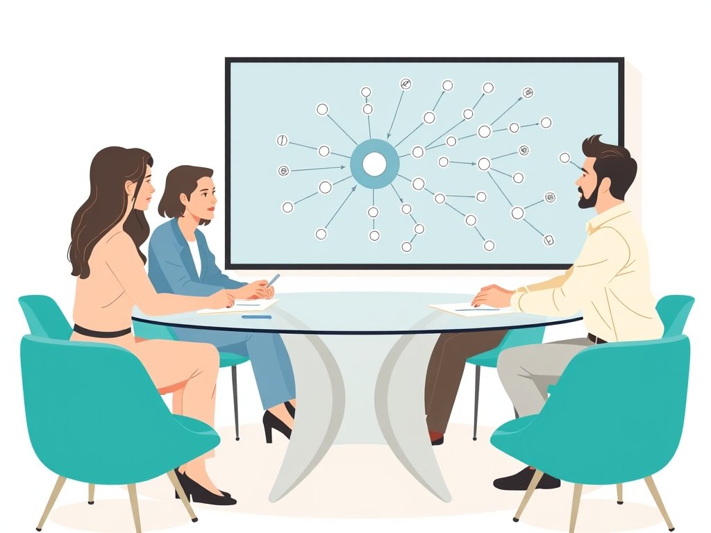 Vier interieurontwerpers rond een glazen tafel, scherm toont verbonden knooppunten als backlink-concept, tealaccenten, witte achtergrond