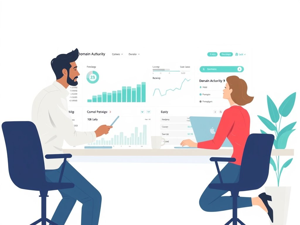 Twee professionals analyseren een dashboard met domeinautoriteit en backlink-stromen.