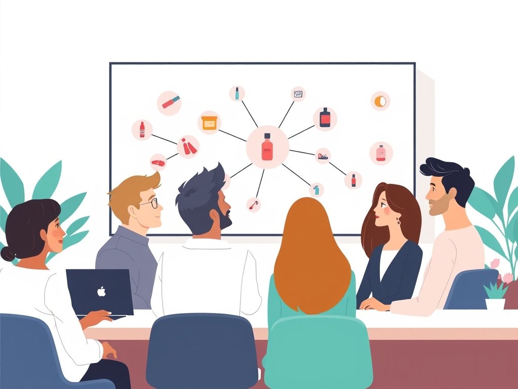Diverse teamleden in een beauty-startup bespreken backlinkstrategie met een digitaal netwerkdiagram.