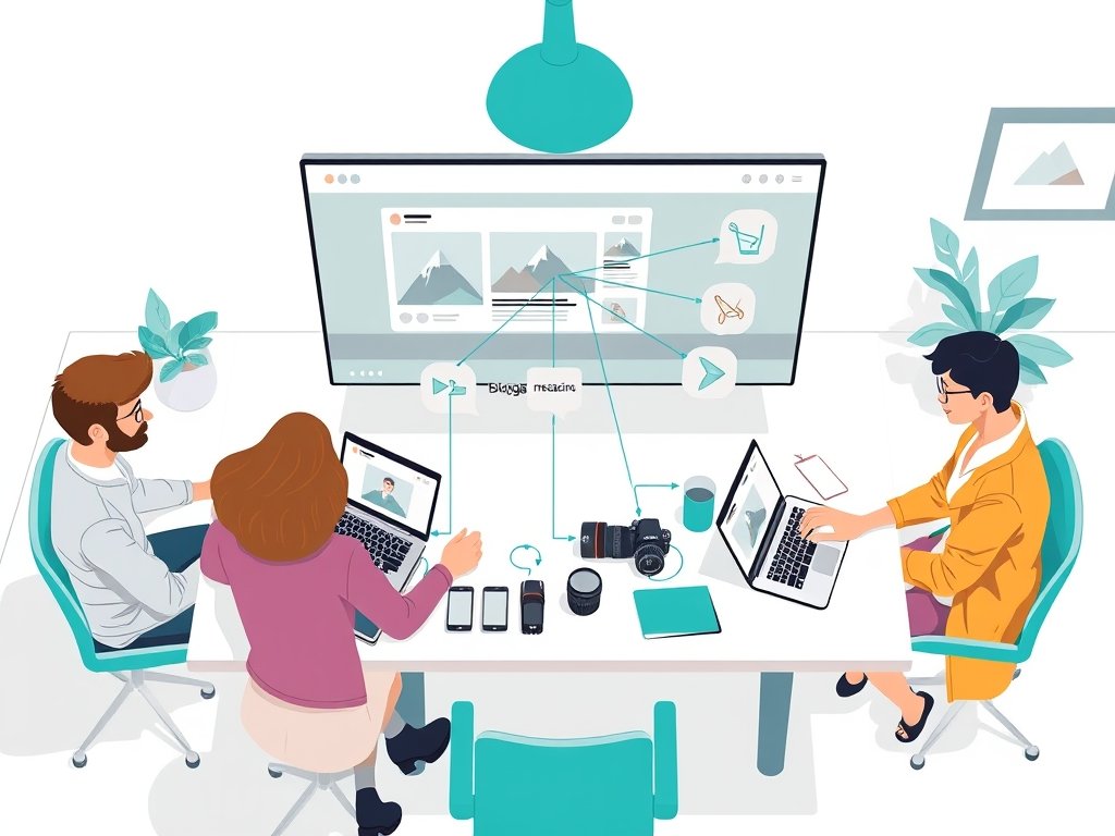 Drie mensen plannen gerichte backlinks rond een fotografie-website aan een tafel.