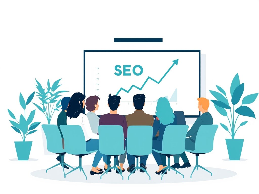 Drie collega's in een kantoor bespreken SEO, met een whiteboard van verbonden backlinks en teal accenten