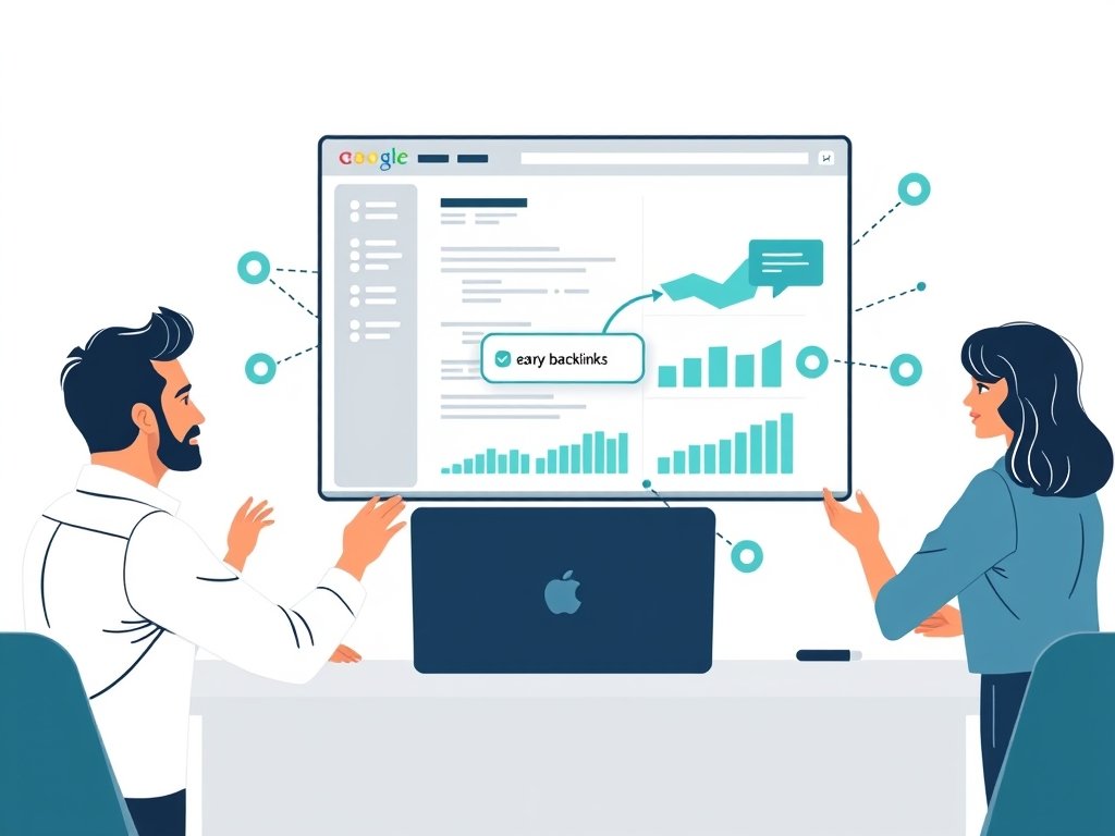 Drie teamleden rondom een dashboard met een backlinks-netwerk en een webdesign-mockup; teal accenten.